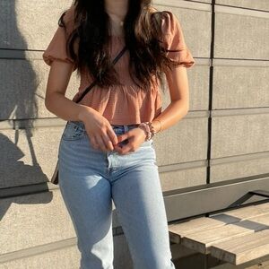 Forever 21 Burnt Orange Gingham Puff Sleeve Ruched Top